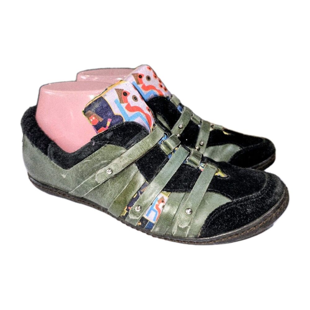 M By MORENATOM Sz 7.5 Green Leather & Suede Artsy Y2K Vintage Triple Strap Shoes
